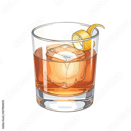 Classic Old Fashioned cocktail illustration in a rocks glass. Whiskey drink on the rocks with a large ice cube and a citrus peel twist garnish. Vector art isolated on a white background.
