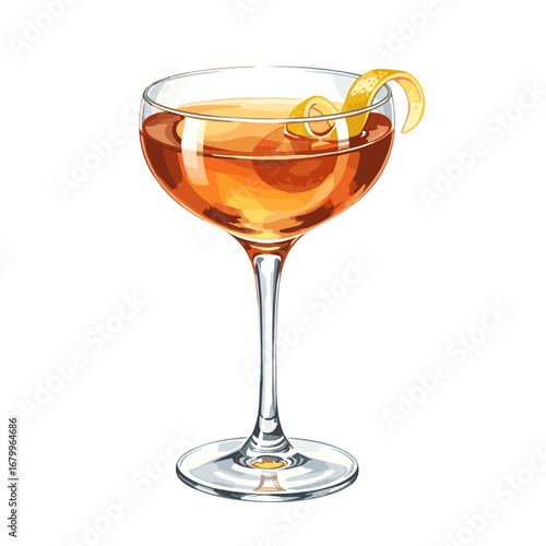 Classic amber cocktail in a coupe glass with a lemon twist garnish. Vector illustration of an alcoholic beverage isolated on a white background.