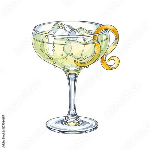 Hand-drawn watercolor illustration of a classic cocktail in a coupe glass with ice and a lemon twist garnish. Refreshing alcoholic beverage isolated on a white background.