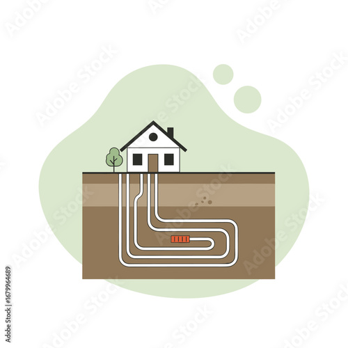 Diagram of a geothermal energy system with underground pipes. Eco-friendly ground source heat pump for a modern home.