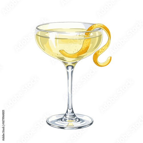 Classic sparkling cocktail with a lemon peel garnish in a coupe glass. Hand-drawn illustration isolated on a white background.