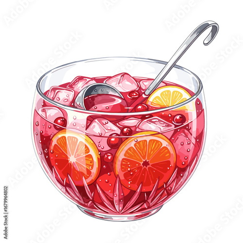 A crystal punch bowl filled with a festive red cocktail, garnished with orange and lemon slices, cranberries, and ice cubes. An illustration for parties and celebrations.
