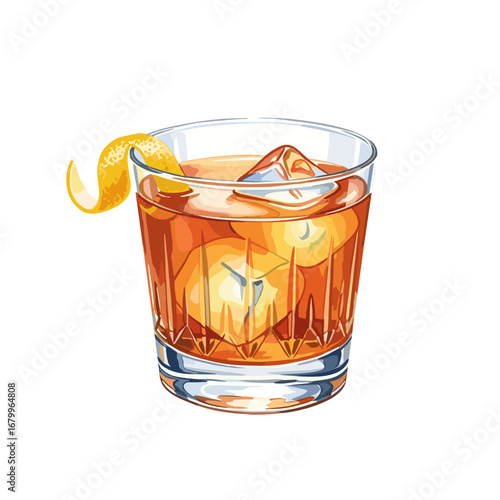 Classic Old Fashioned cocktail in a rocks glass with ice and a lemon twist garnish. Vector illustration of an alcoholic beverage isolated on a white background.