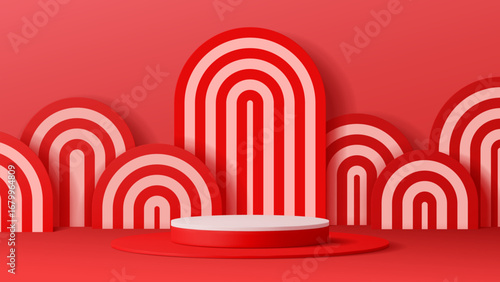 Lollypop striped podium stage interior of red room studio with arches, vector background. Lollipop candy podium with arch panels in red and white stripes and pedestal stage for luxury product showcase
