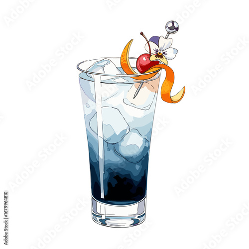 Blue cocktail in a highball glass with ice, garnished with an orange peel, cherry, and edible flower. Stylized vector illustration isolated on a white background.