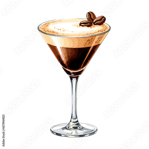 Espresso Martini cocktail illustration, a classic alcoholic coffee drink in a glass with foam and bean garnish, isolated on a white background.