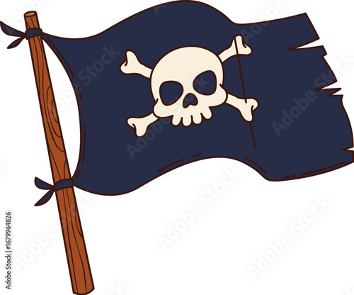 Cartoon groovy pirate and corsair black flag on wooden pole with skull and crossbones, fluttering in the wind. Isolated vector retro banner object with jolly roger, symbol of sea nautical adventure