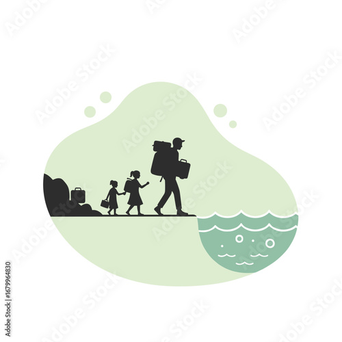 Silhouette of a refugee family, a father with two young daughters, walking with luggage. Vector illustration of immigration and displacement.