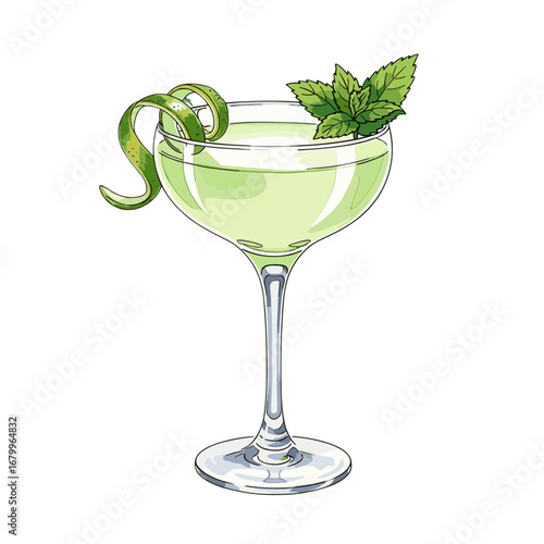 Green cocktail in a coupe glass with a lime twist and mint garnish. Hand-drawn vector illustration of an alcoholic beverage isolated on a white background.