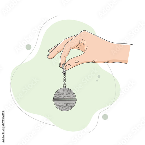 Hand holding a metal tea infuser ball. Vector illustration of a person preparing loose leaf tea. Kitchen utensil for brewing hot drinks isolated on white background.