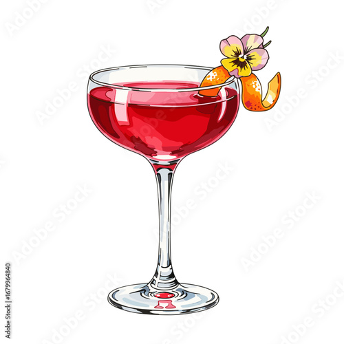 Red cocktail in a coupe glass with an orange peel and flower garnish. Vector illustration of an alcoholic beverage isolated on a white background.