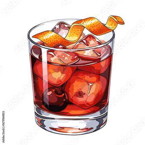 Illustration of a classic red cocktail with an orange peel twist and cherry garnish in a rocks glass filled with ice, isolated on a white background.