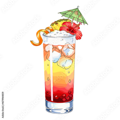 Vibrant tropical cocktail illustration in a tall glass with ice, garnished with pineapple, orange peel, hibiscus flower, and a paper umbrella on a white background.