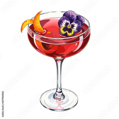 Red cocktail in a coupe glass with an orange peel twist and a pansy flower garnish. Elegant alcoholic drink illustration isolated on a white background.