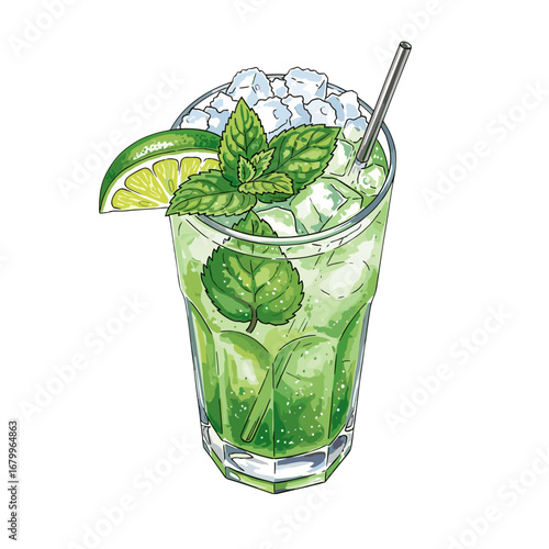 Refreshing Mojito cocktail illustration with mint, lime, and ice. Hand-drawn alcoholic drink in a glass isolated on a white background.