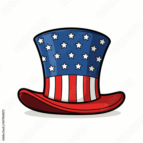 Cartoon illustration of an Uncle Sam top hat with American flag stars and stripes.