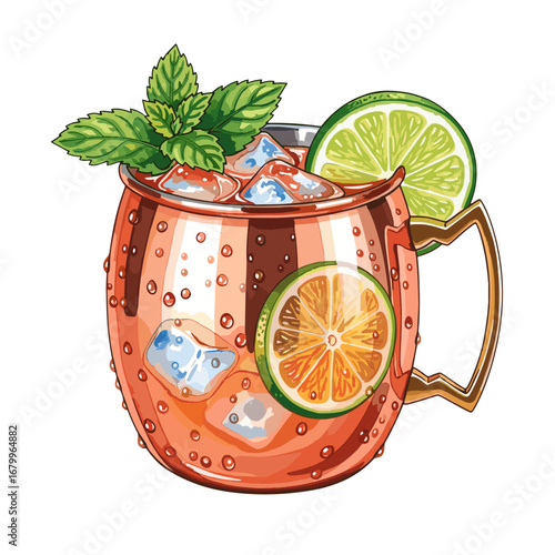 Moscow Mule cocktail in a classic copper mug with ice, lime slices, and a mint sprig garnish. Vector illustration of a refreshing alcoholic beverage isolated on a white background.