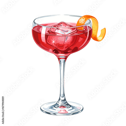 Red cocktail with an orange peel garnish and ice in a coupe glass. Hand-drawn watercolor style illustration isolated on a white background.