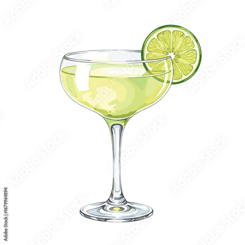 Classic lime cocktail in a coupe glass. Hand-drawn vector illustration of a daiquiri or margarita drink, isolated on a white background.