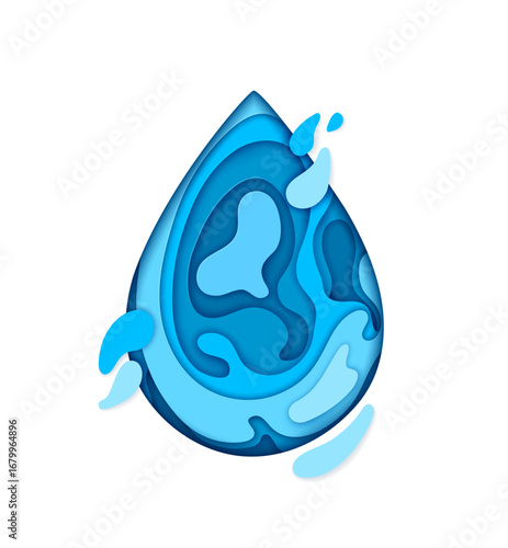 Save water paper cut banner, blue aqua drop shape. Clean water, environment and ecology paper cut vector concept, 3d backdrop. Pure liquid and blue aqua drop with splash ripples papercut background