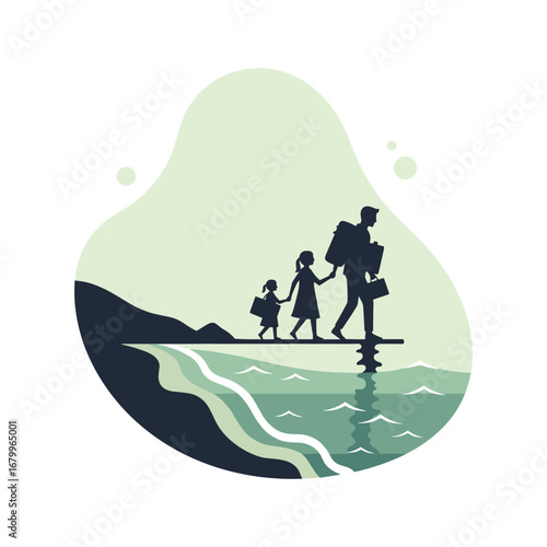 Silhouette of a refugee family, a father with two young daughters, carrying luggage and crossing water on a plank. Vector illustration of migrants on a journey.