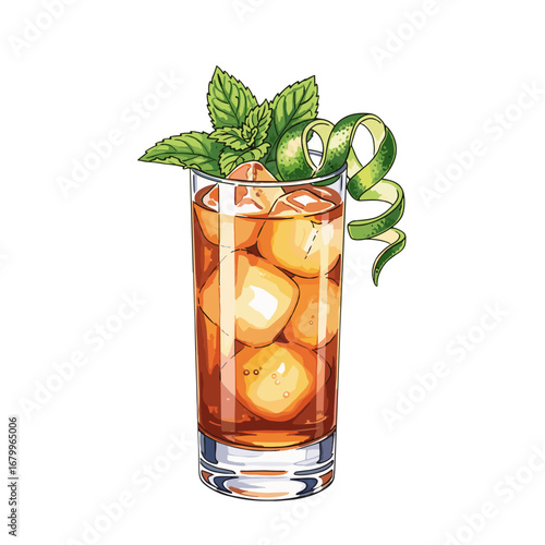 Iced tea or cocktail in a tall glass with ice cubes, mint, and lime peel garnish. Hand-drawn vector illustration isolated on a white background.