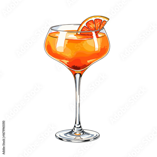 Aperol Spritz cocktail illustration. Refreshing orange summer drink in a wine glass with a citrus slice garnish, isolated on a white background.