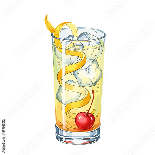Hand-drawn illustration of a refreshing Tom Collins cocktail in a tall glass with ice cubes, a lemon peel twist, and a maraschino cherry garnish.