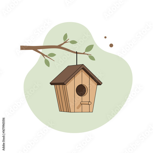 Wooden birdhouse hanging from a tree branch with green leaves. Simple flat vector illustration for nature and wildlife concepts.
