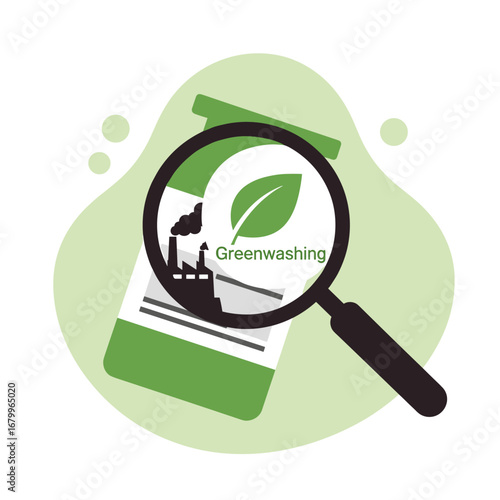 Greenwashing concept illustration. Magnifying glass revealing factory pollution on a product claiming to be eco-friendly. Deceptive marketing.