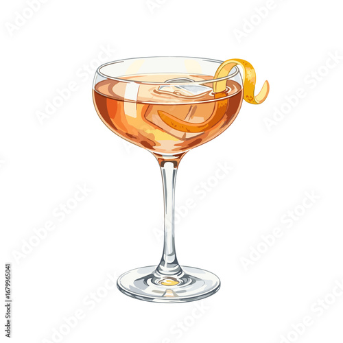Elegant classic cocktail in a coupe glass with an orange peel twist garnish. Hand-drawn watercolor style illustration of an alcoholic beverage isolated on a white background.