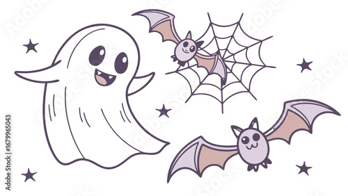 Halloween vector set of cute kawaii ghost with bats and spiderweb silhouette vector art design 