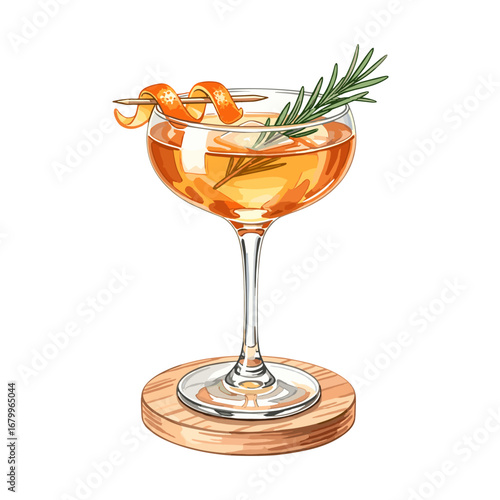Hand drawn illustration of a classic amber cocktail in a coupe glass, garnished with a rosemary sprig and an orange peel twist, sitting on a wooden coaster and isolated on a white background.