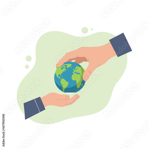 Vector illustration of a hand passing the Earth globe to another hand. Concept of legacy, responsibility, and environmental care for future generations.