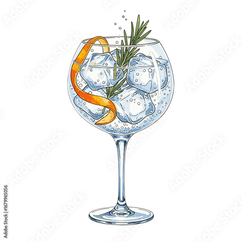 Hand-drawn illustration of a classic gin and tonic cocktail. Refreshing alcoholic drink in a balloon glass with ice, rosemary, and orange peel garnish, isolated on a white background.