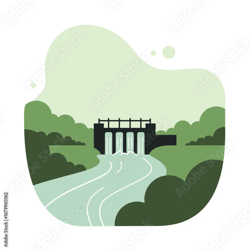 Vector illustration of a hydroelectric dam with water flowing through the spillway into a river. Renewable energy and environmental conservation concept.