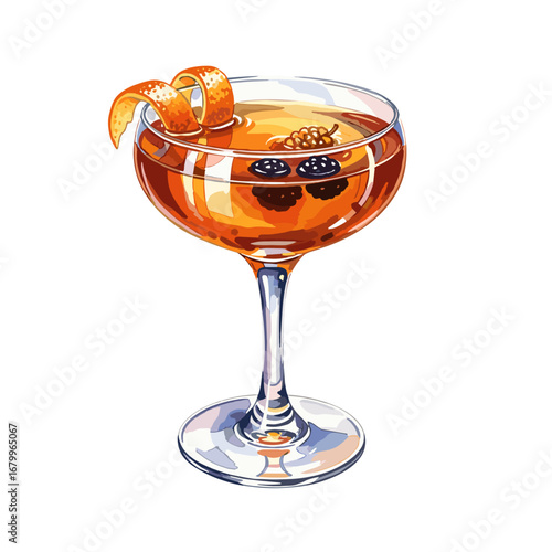 Watercolor illustration of a classic amber cocktail in a coupe glass, garnished with an orange peel twist and fresh berries. Isolated on a white background.