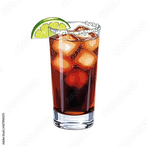 Illustration of a refreshing cola cocktail with ice and a lime wedge. A classic Cuba Libre drink in a tall glass isolated on a white background.