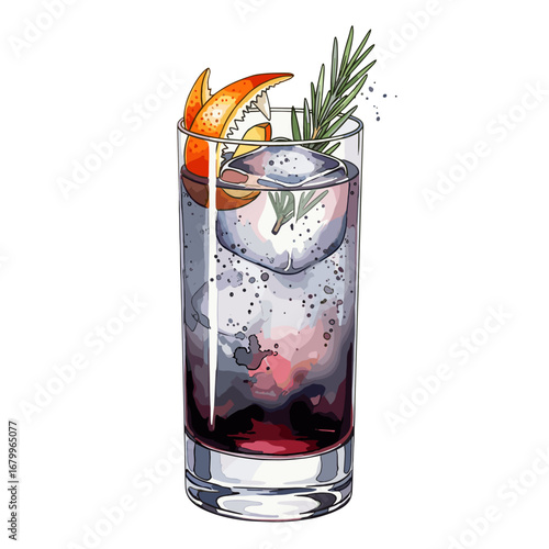 Hand drawn watercolor illustration of a refreshing cocktail with rosemary and orange peel garnish. Isolated highball glass with a mixed drink on a white background.