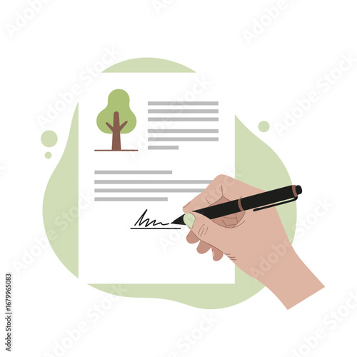 Person signing an eco-friendly agreement with a tree logo. Vector illustration of a hand with a pen putting a signature on a green contract.