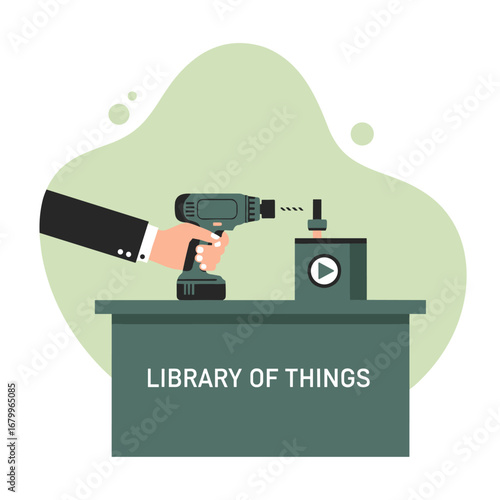 Library of Things concept illustration. Man in a suit borrowing a cordless power drill. Sharing economy and sustainable living vector.