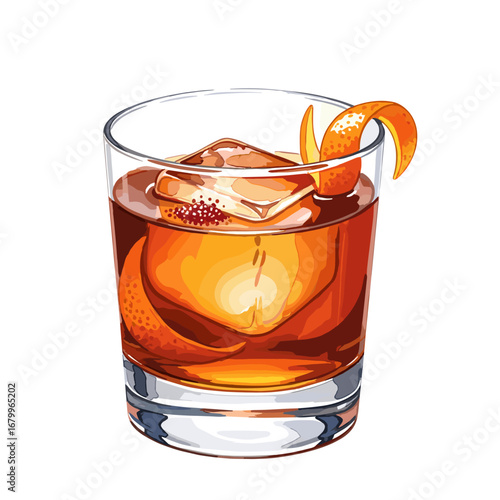 Old Fashioned cocktail with an orange peel garnish and a large ice cube in a rocks glass. Vector illustration isolated on a white background.