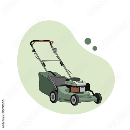 Illustration of a green push lawn mower for yard work. Vector graphic of gardening equipment for lawn care and maintenance on a simple background.