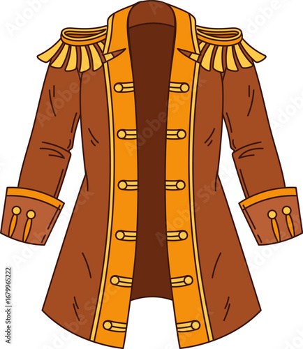 Cartoon groovy pirate coat with golden trim, buttons, epaulets and wide rolled cuffs. Vector corsair clothes, brown jacket evoking maritime fantasy game adventure, filibuster costume or suit object