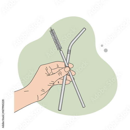 Vector illustration of a hand holding reusable stainless steel straws and a cleaning brush. Eco-friendly, zero waste lifestyle concept.