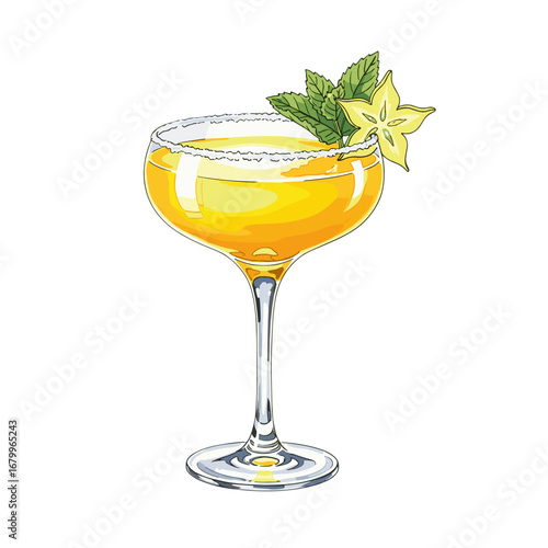 Yellow tropical cocktail in a coupe glass with a sugar rim, garnished with a slice of starfruit and a sprig of mint. Vector illustration isolated on a white background.