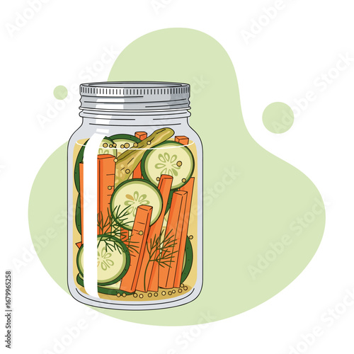 A glass mason jar filled with homemade pickled vegetables. An illustration of preserved carrots, cucumbers, and dill in brine for canning.