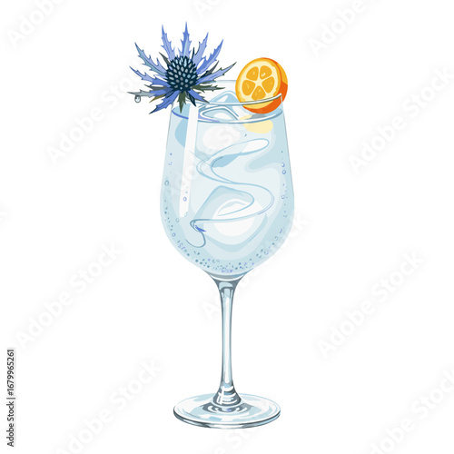 Refreshing gin and tonic cocktail with ice, an orange slice, and a blue sea holly flower garnish. Vector illustration of a sparkling alcoholic beverage isolated on a white background.