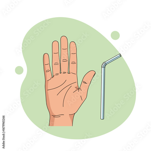 Hand gesturing stop to a single-use plastic straw. Environmental concept of refusing plastic for a zero waste and sustainable lifestyle.