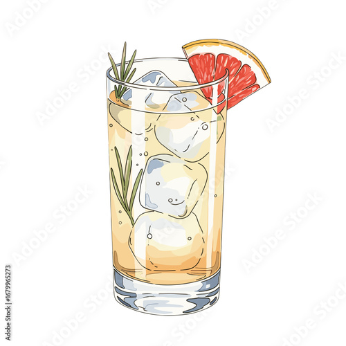 Hand-drawn illustration of a refreshing grapefruit and rosemary cocktail. A summer drink in a glass with ice cubes, isolated on a white background.